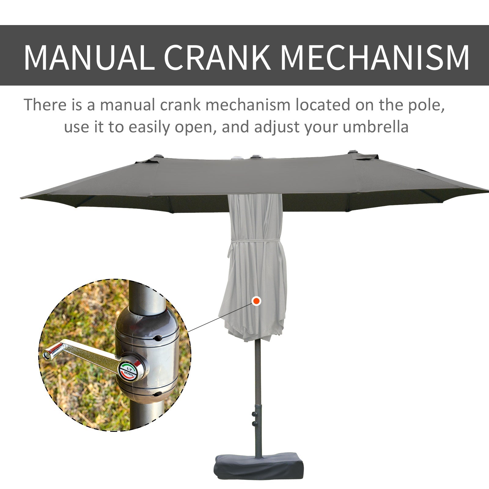 Outsunny 15' Double Canopy Patio Umbrella Sunshade w Lift Crank Cross Base Sandbag Dark Grey