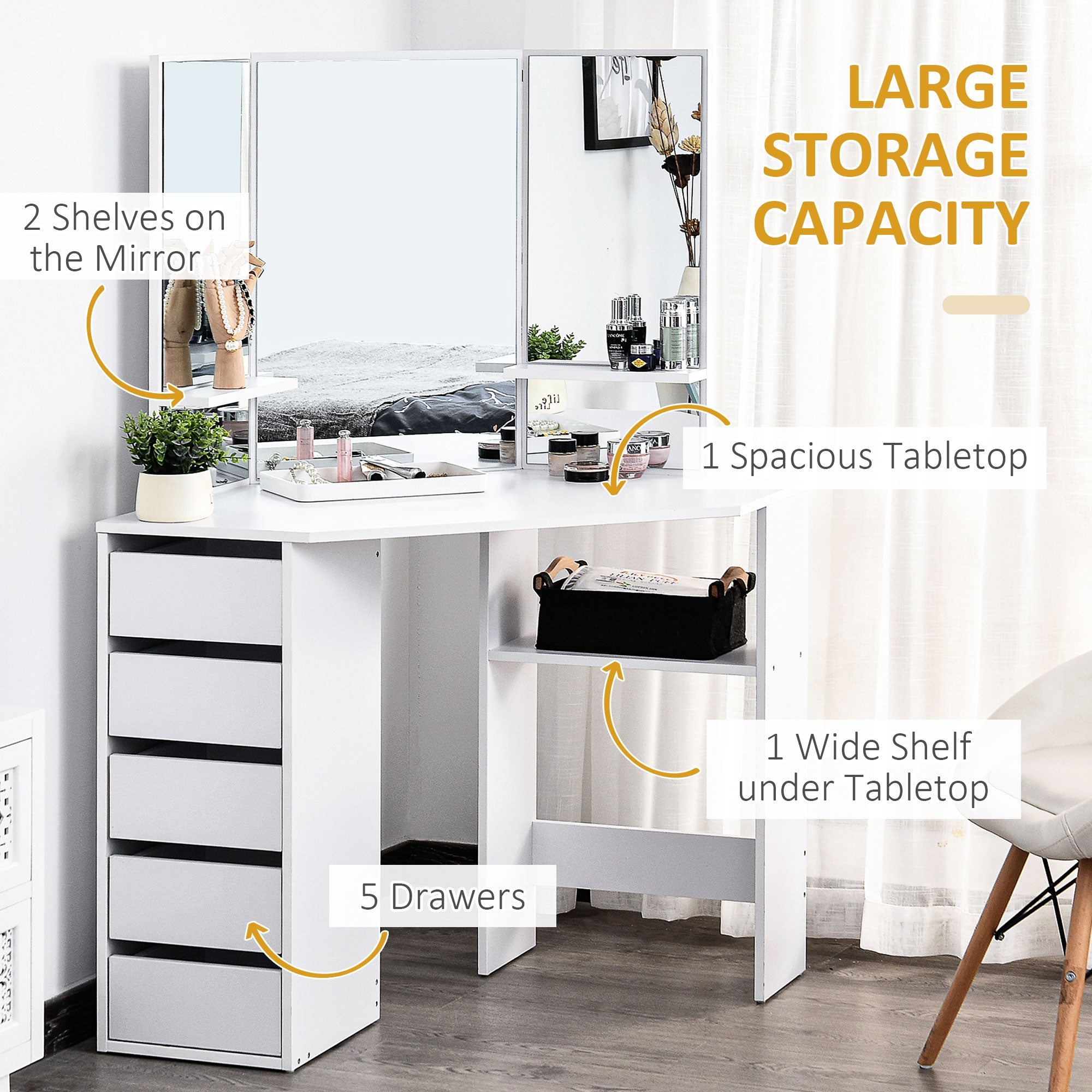 HOMCOM Small Dressing Table Corner Vanity Desk with Drawers and Mirror, White
