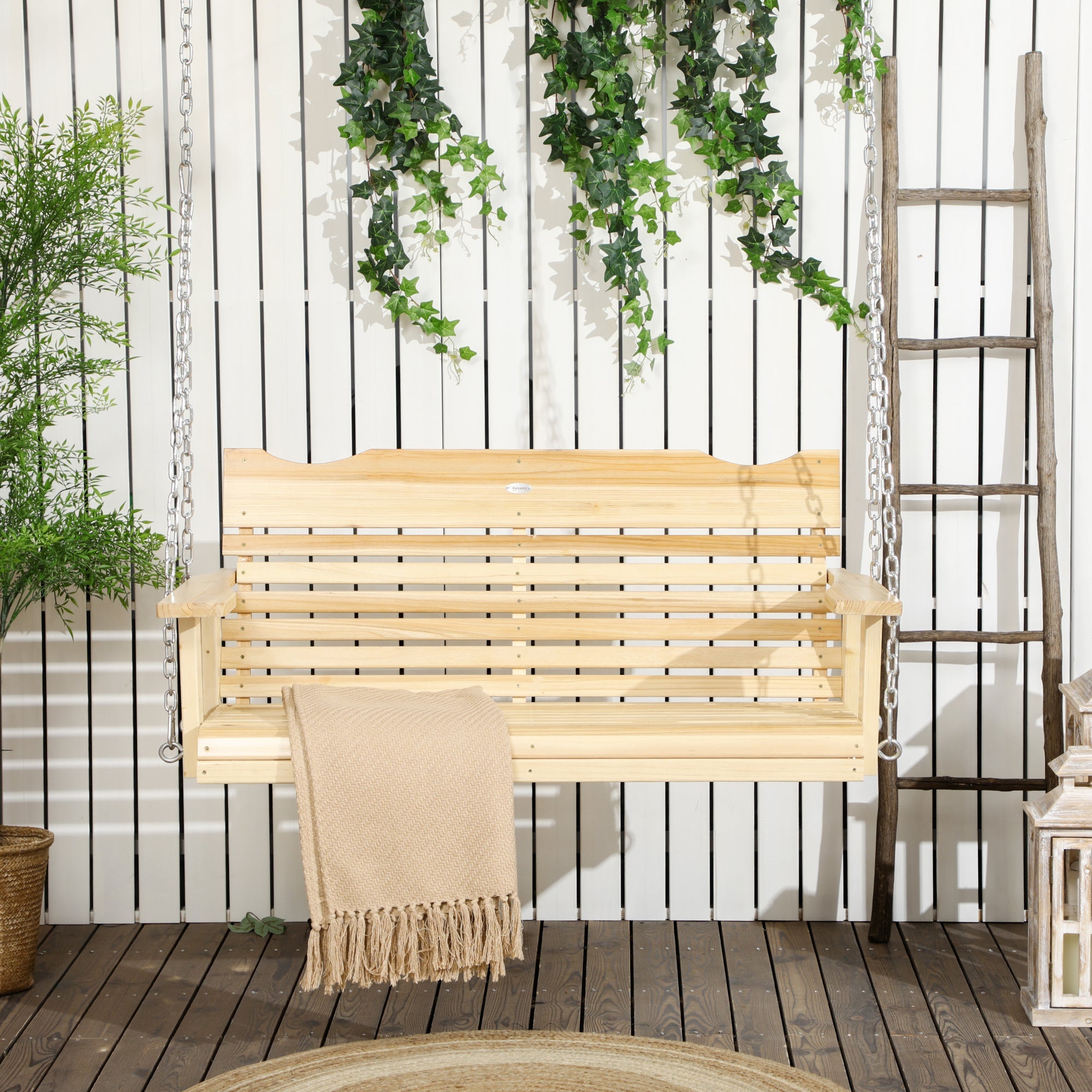 Outsunny 2-Seater Porch Swing, Patio Swing Bench with Adjustable Hanging Chains for Deck, Patio, Garden, Backyard, Natural Wood