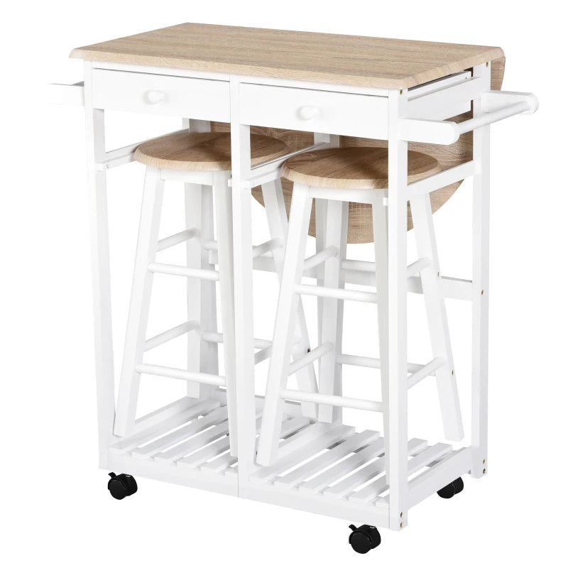 Kitchen Trolley 3 Piece Kitchen Cart Set Drop Leaf Breakfast Table and 2 Stools w/ Rolling Wheels & Towel Bars, Wood & White