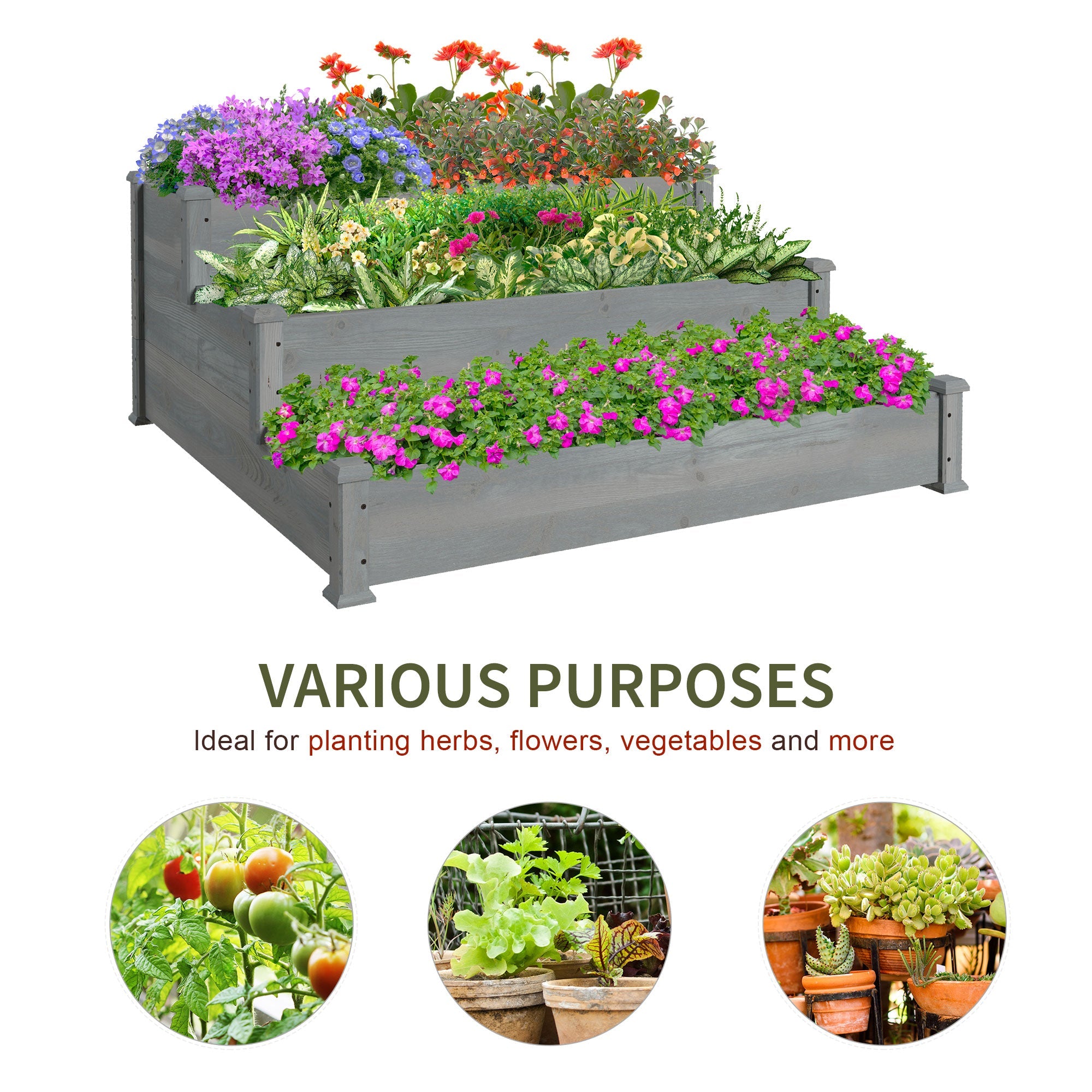 Outsunny 3-Tier Raised Garden Bed 49"x49"x22" Planter Box Backyard Patio Veggies Flowers Herbs Growing Gardening Outdoor Grey