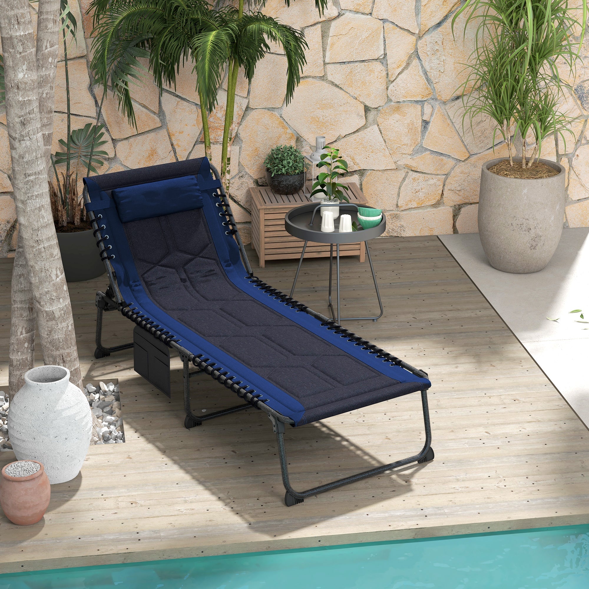 Outsunny Adjustable Folding Chaise Lounge Chair 5-Level Reclining Outdoor Tanning Lounger Padded Seat Side Pocket Blue