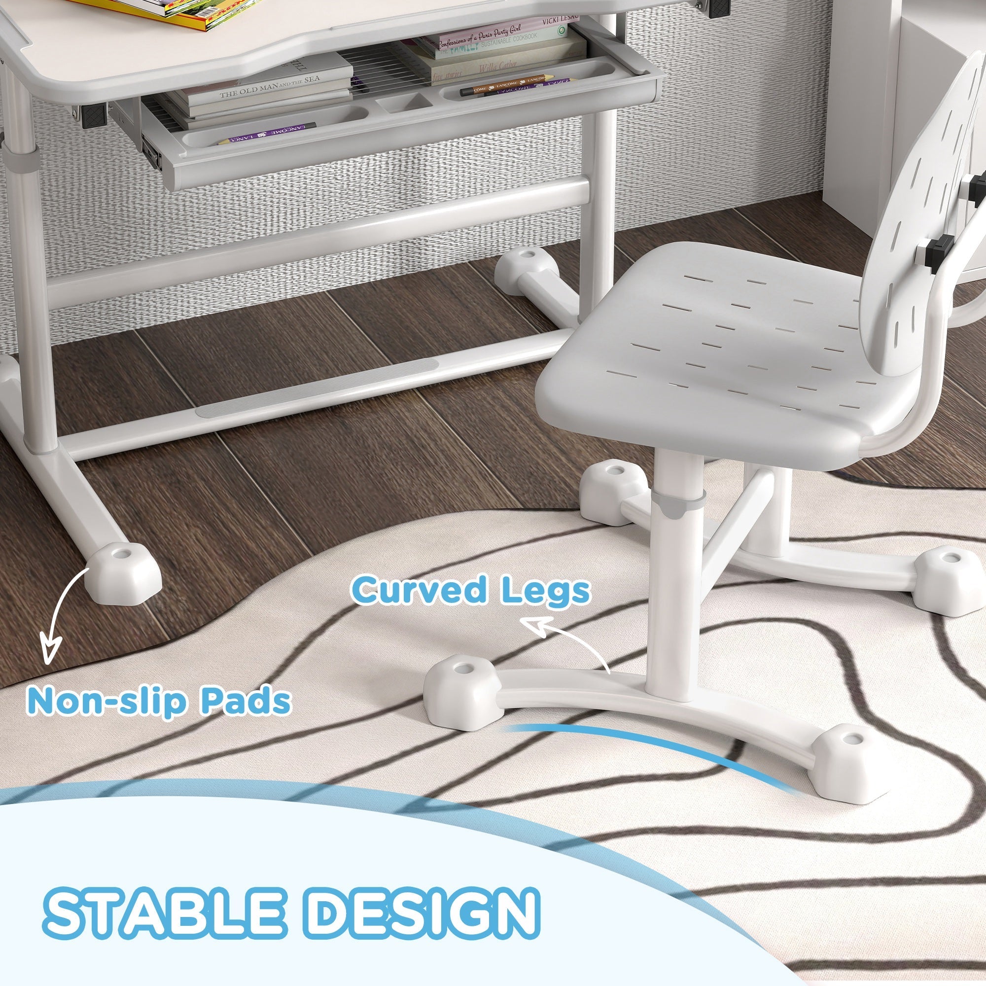 Qaba Height Adjustable Kids Desk and Chair Set with Tilt Desktop, Large Writing Board, Storage Drawer, Book Stand, Grey