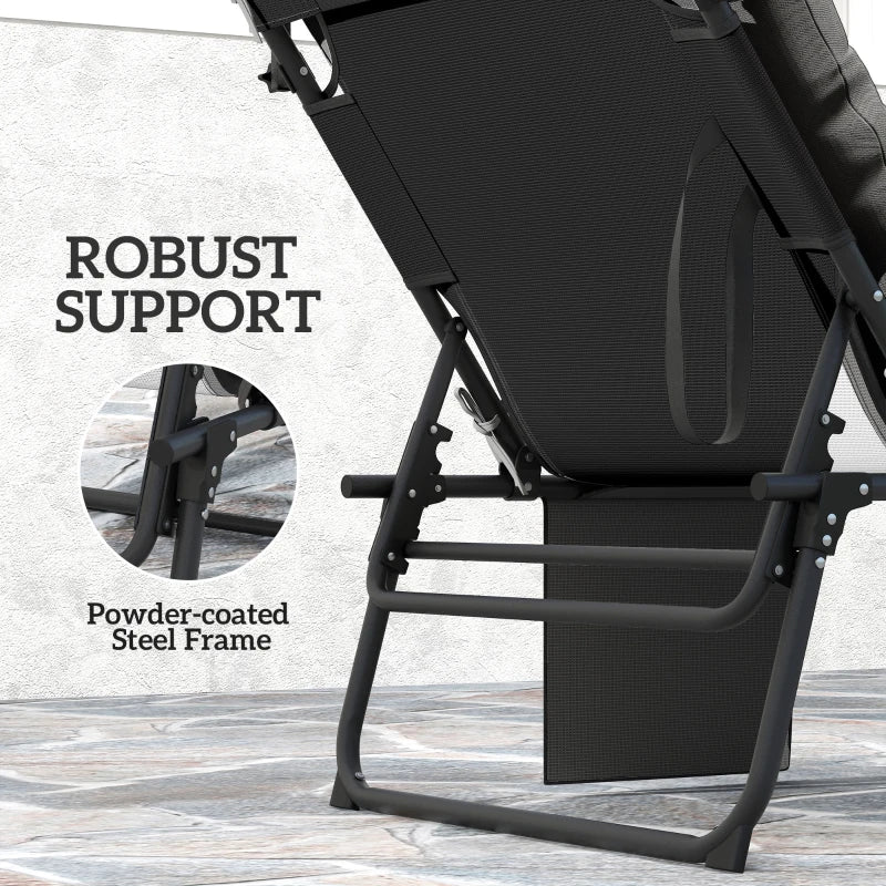 Folding Lounge Chair with Adjustable Canopy, 4-Position Outdoor Tanning Chair with Headrest, Black