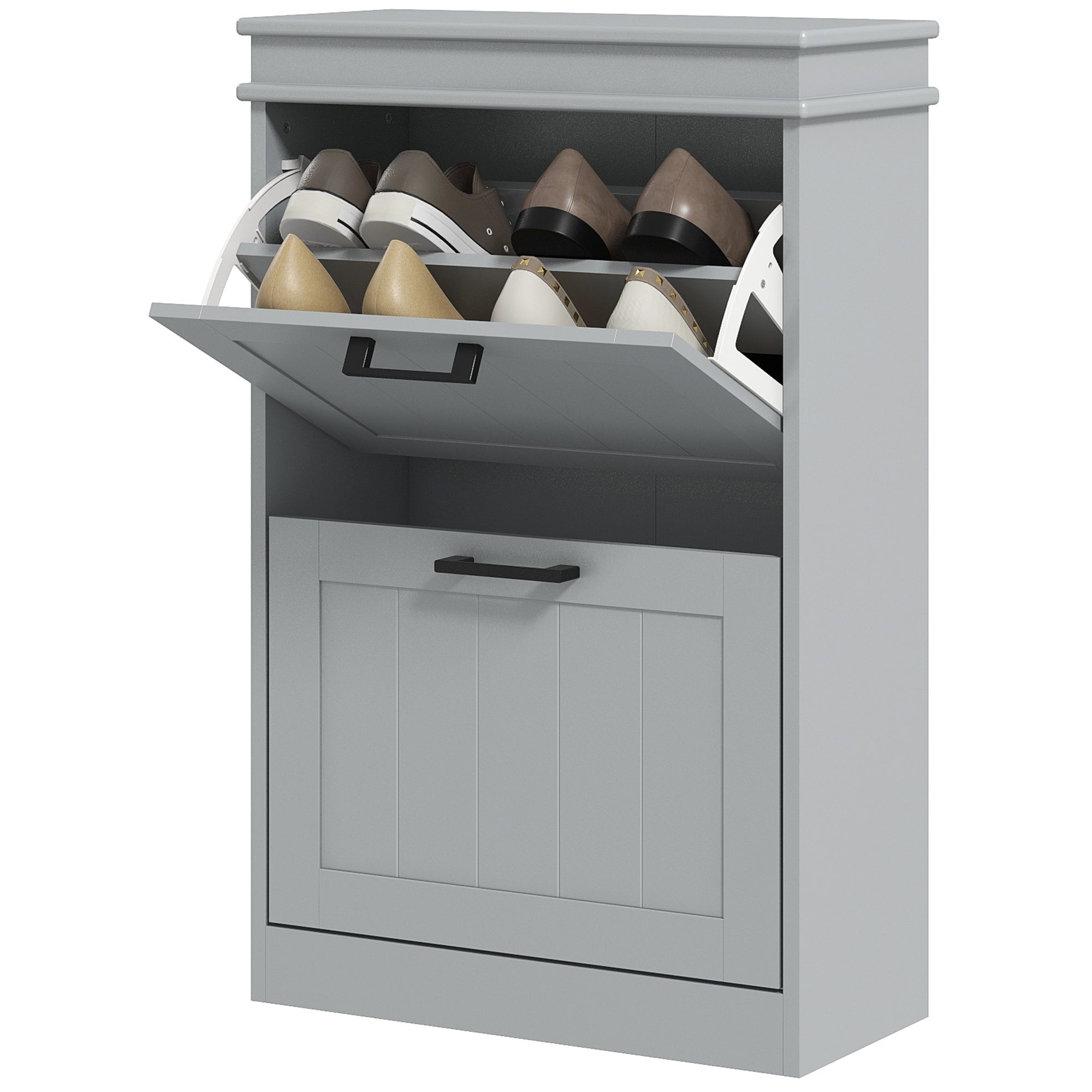 HOMCOM Shoe Storage Cabinet with 2 Flip Drawers and Adjustable Shelves, Narrow Shoe Cabinet for 10 Pairs of Shoes, Grey