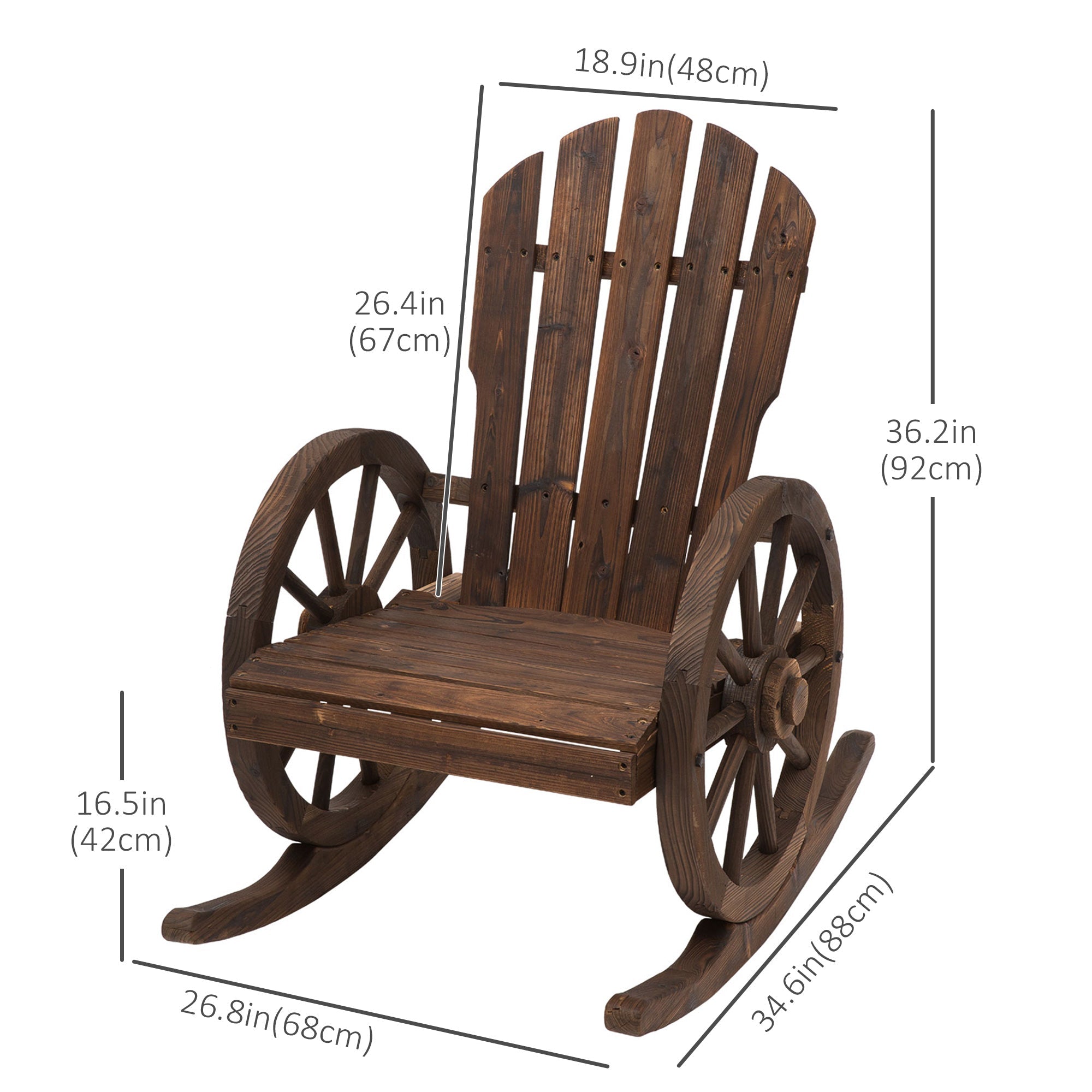 Outsunny Outdoor Adirondack Rocking Chair with Slatted Design and Oversize Back for Porch, Poolside, or Garden Lounging, Rustic Brown