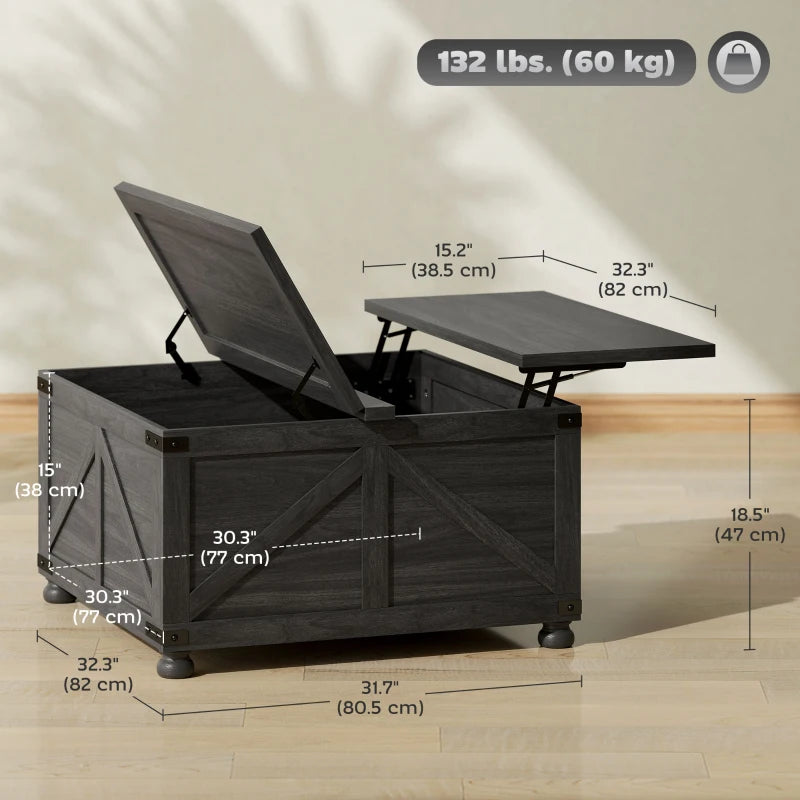 Coffee Table with Lift Top, 32" Farmhouse Center Table with Hidden Compartment for Living Room, Black Wood Grain