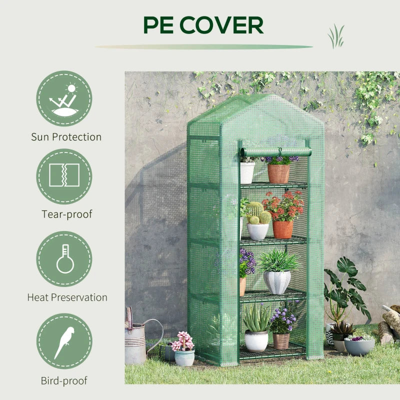 Portable Greenhouse, Outdoor Hot House Plant Flower Greenhouse with 4 Tier Shelves, Steel Frame, PE Cover, Dark Green