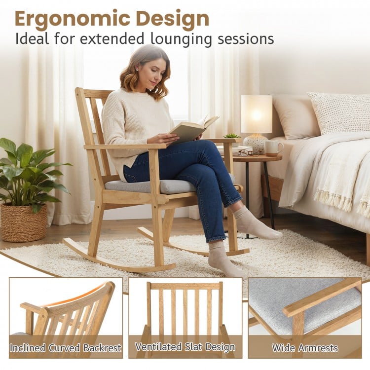 Rocking Chair with Cushion Solid Rubber Wood Rocker with Padded Seat-Natural