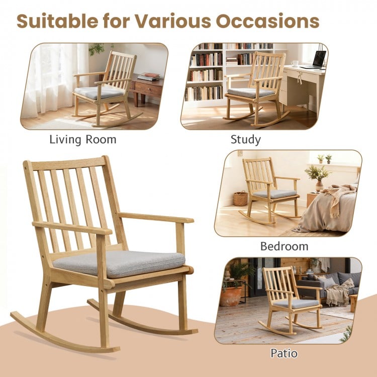 Rocking Chair with Cushion Solid Rubber Wood Rocker with Padded Seat-Natural