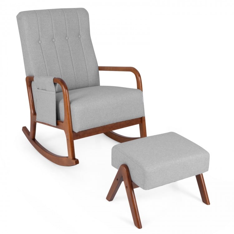 Rocking Chair with Ottoman and Solid Rubber Wood Frame and Padded Cushion-Gray