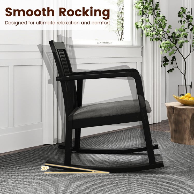 Rocking Chair with Slatted Back and Curved Armrests-Black