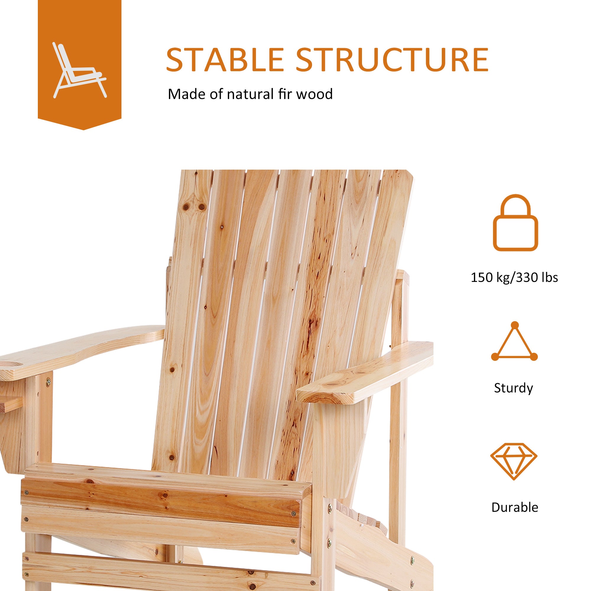 Outsunny Wooden Classic Adirondack Chair with Cup Holder Ergonomic Outdoor Patio Garden Deck Furniture Natural