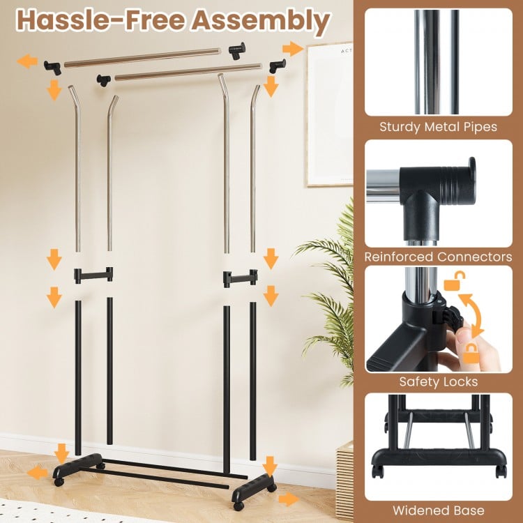 Rolling Clothes Rack Double Rod Garment Rack with Adjustable Height