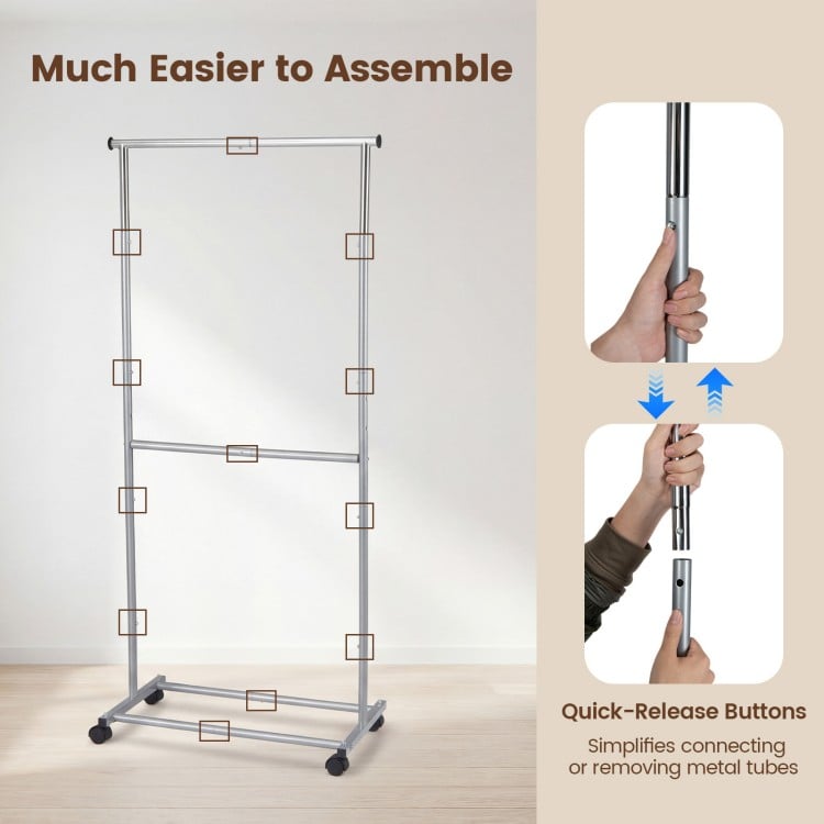 Rolling Clothes Rack Double-Rod Extendable Garment Stand for Hanging Clothes