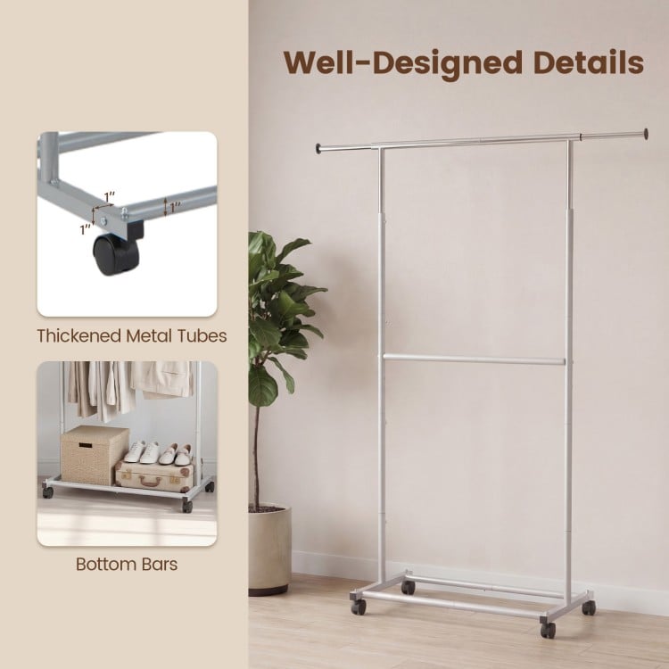 Rolling Clothes Rack Double-Rod Extendable Garment Stand for Hanging Clothes