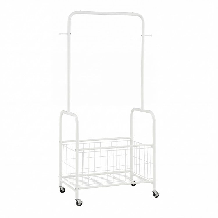 Rolling Metal Clothes Rack with Hanging Rod and Storage Basket-White