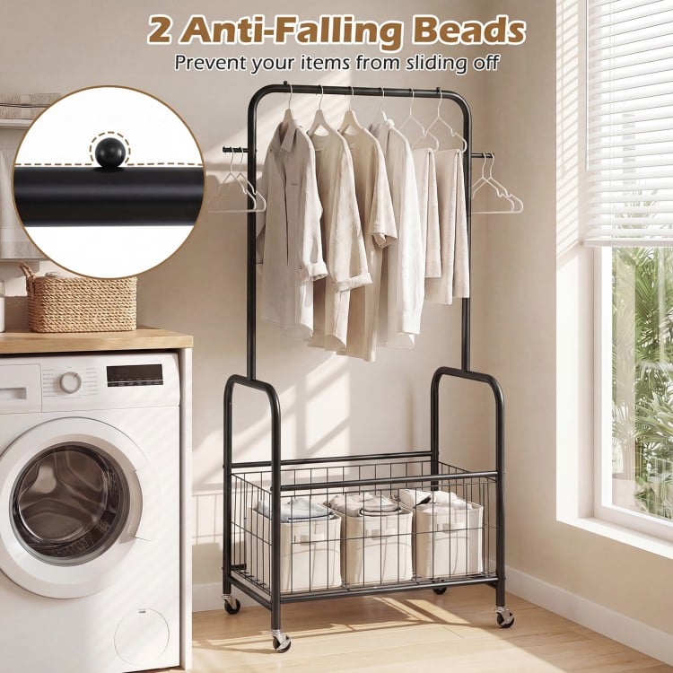 Rolling Metal Clothes Rack with Hanging Rod and Storage Basket-Black
