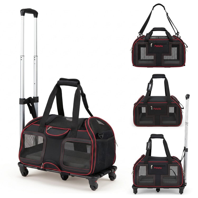 Rolling Pet Carrier with Wheels & Telescopic Handle for Dogs & Cats