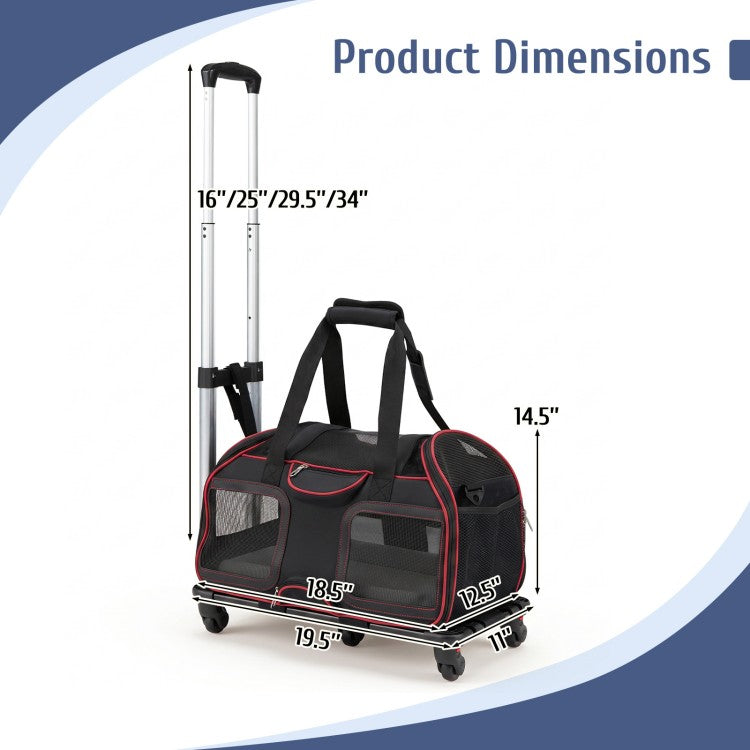 Rolling Pet Carrier with Wheels & Telescopic Handle for Dogs & Cats