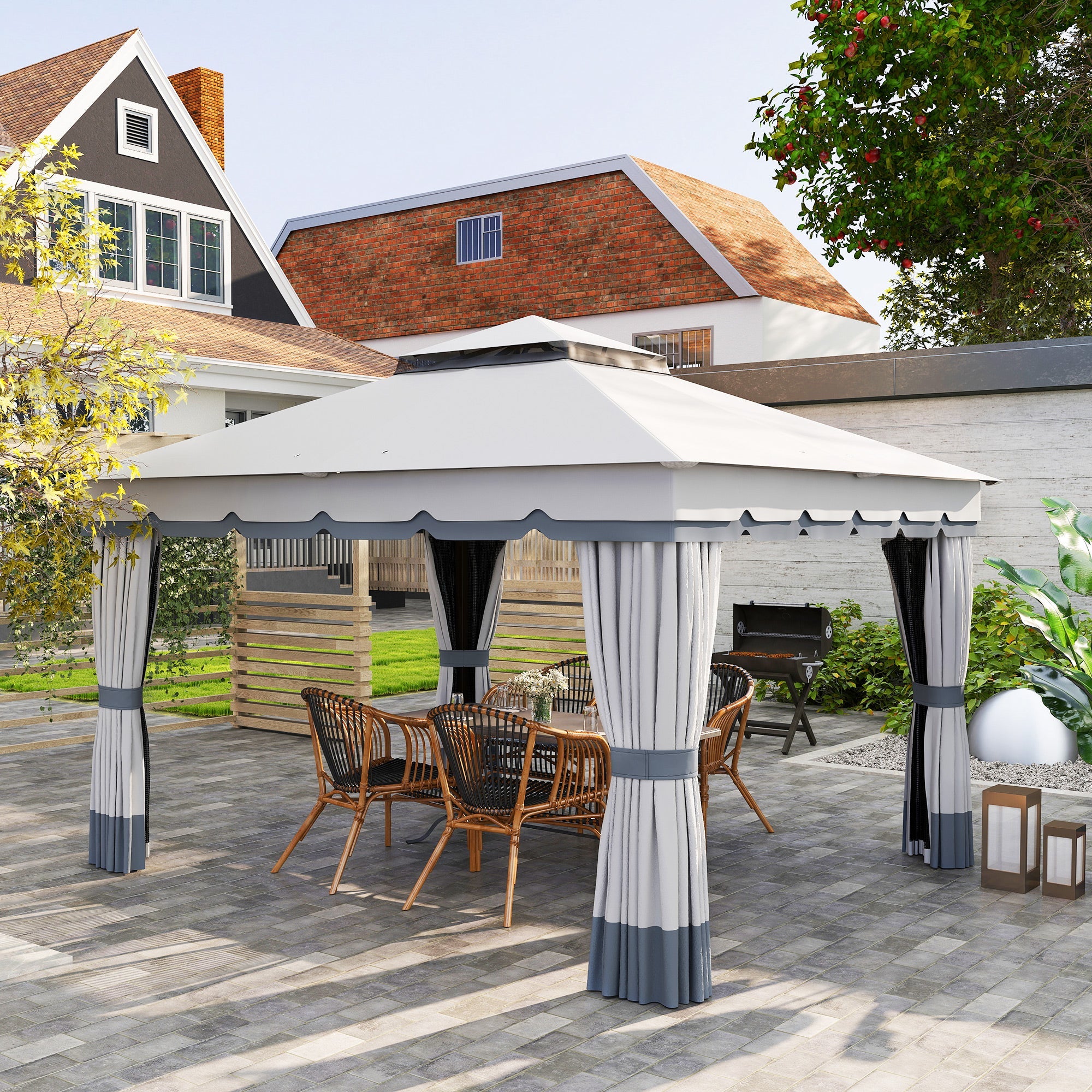 Outsunny 10' x 12' Double Roof Patio Gazebo Canopy, Outdoor Gazebo Shelter with Netting & Curtains, for Garden, Lawn and Deck
