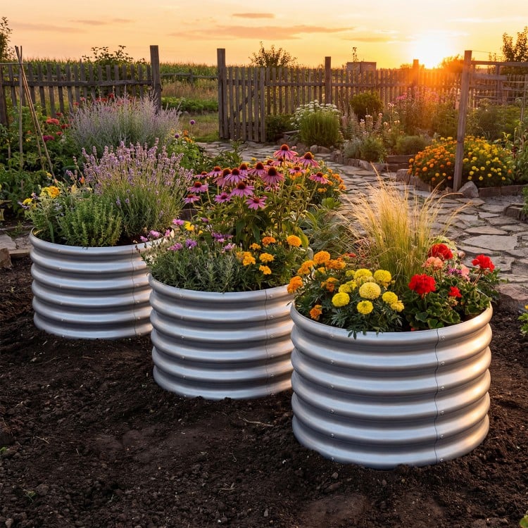 Round Galvanized Raised Garden Bed with Open-Ended Base