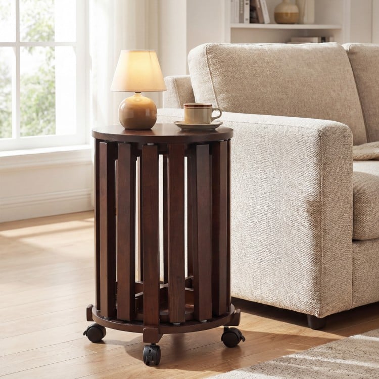 Round Portable Wood Nesting Stools with Locking Casters-Walnut
