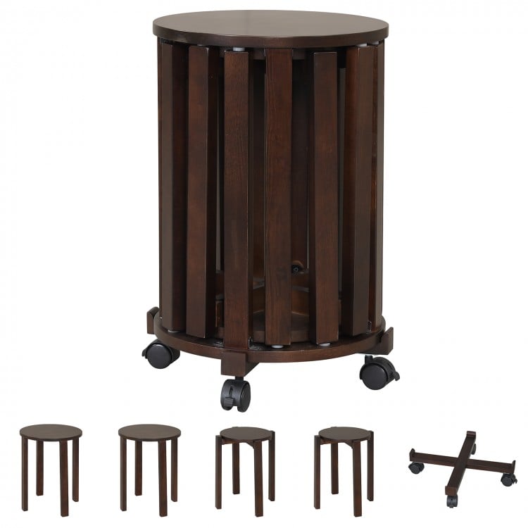 Round Portable Wood Nesting Stools with Locking Casters-Walnut
