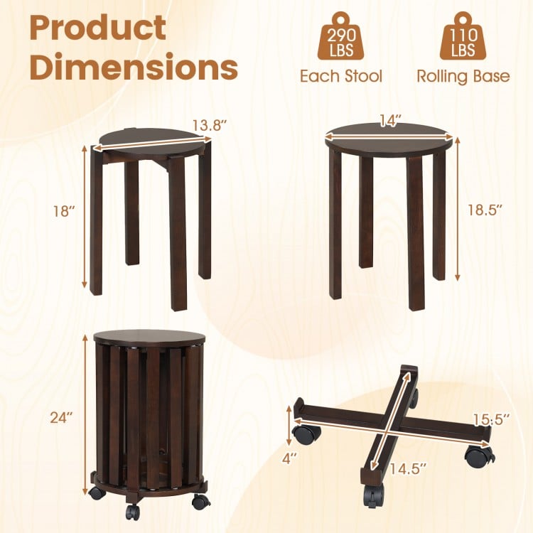 Round Portable Wood Nesting Stools with Locking Casters-Walnut