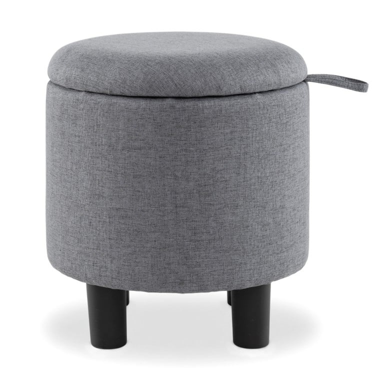 Round Storage Ottoman Linen Fabric Upholstered Footrest Stool-Gray
