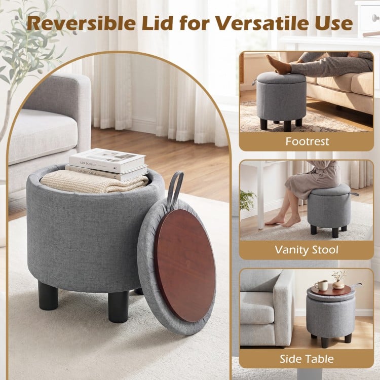 Round Storage Ottoman Linen Fabric Upholstered Footrest Stool-Gray