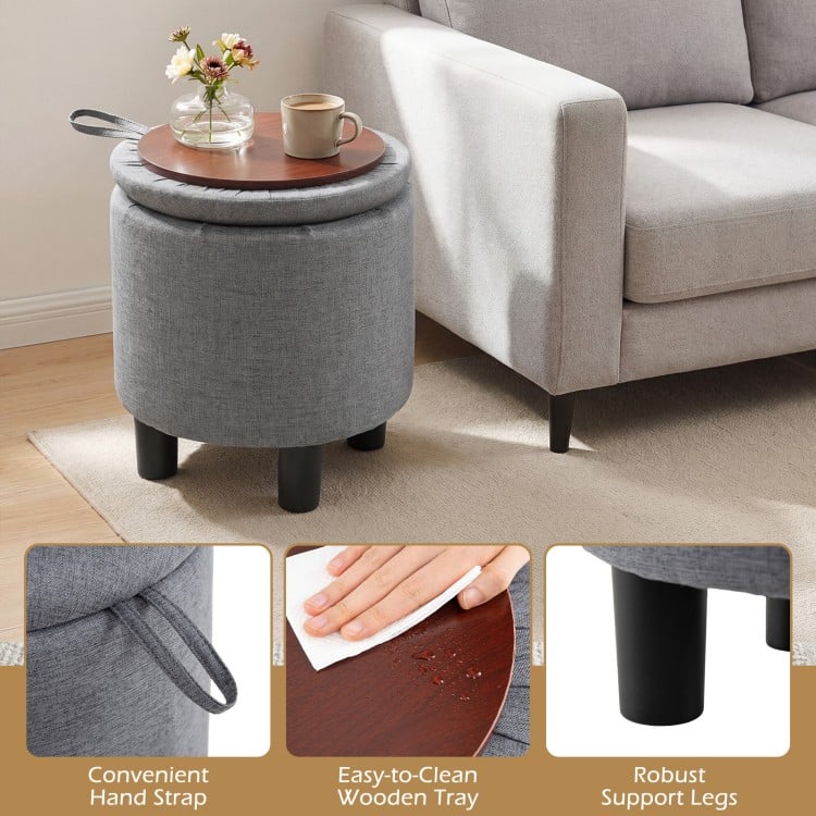Round Storage Ottoman Linen Fabric Upholstered Footrest Stool-Gray