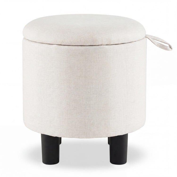 Round Storage Ottoman Linen Fabric Upholstered Footrest Stool-Beige