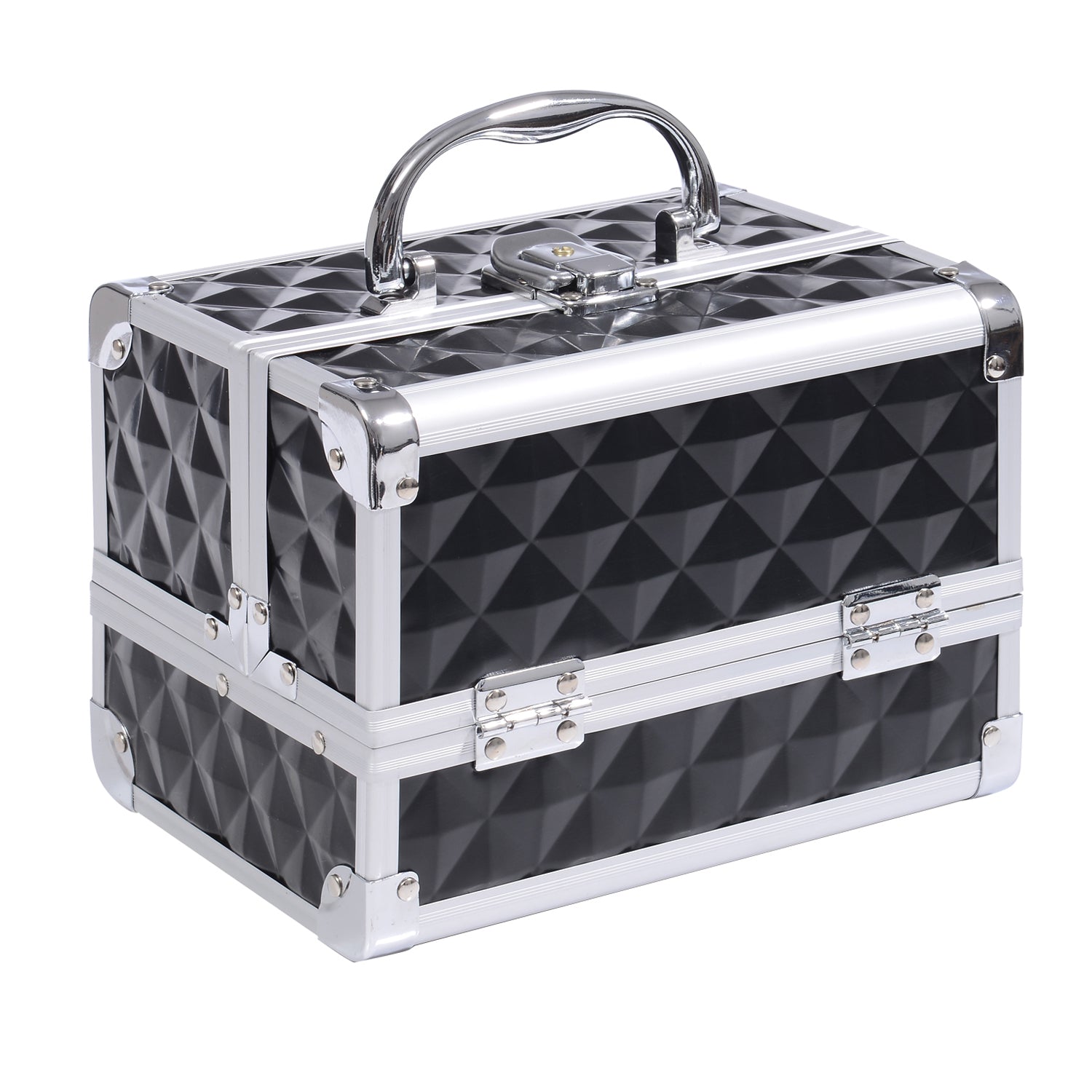 HOMCOM Cosmetic Train Case 3 Tier Diamond Texture Organizer with Mirror Portable Black 8"x6"x6"