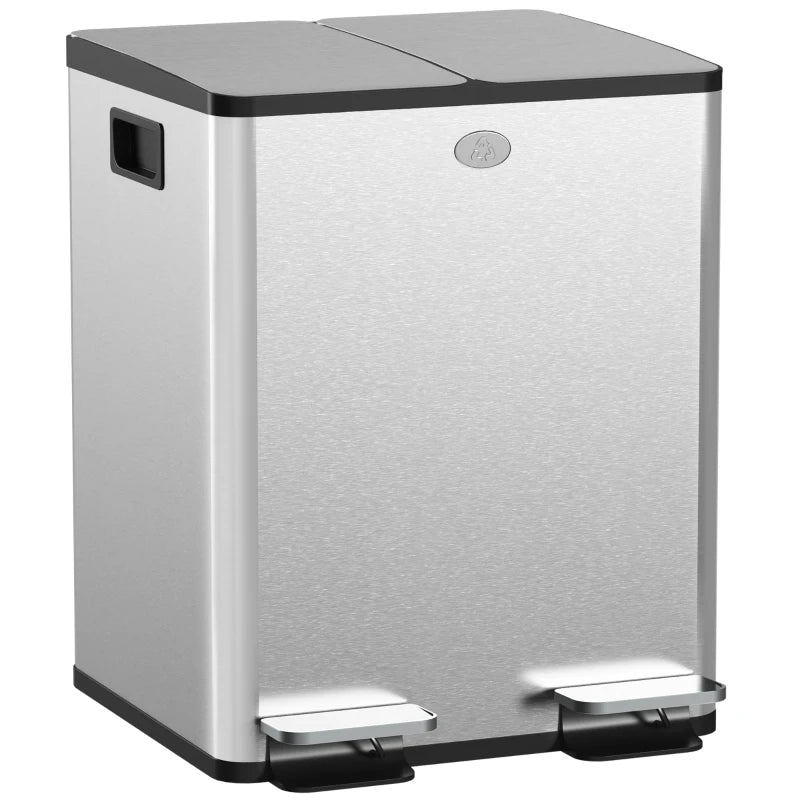 Dual Garbage Bin, Soft-Close Trash Can with Foot Pedal, 2 x 20 Liter Garbage Can with Removable Inner Buckets, Silver