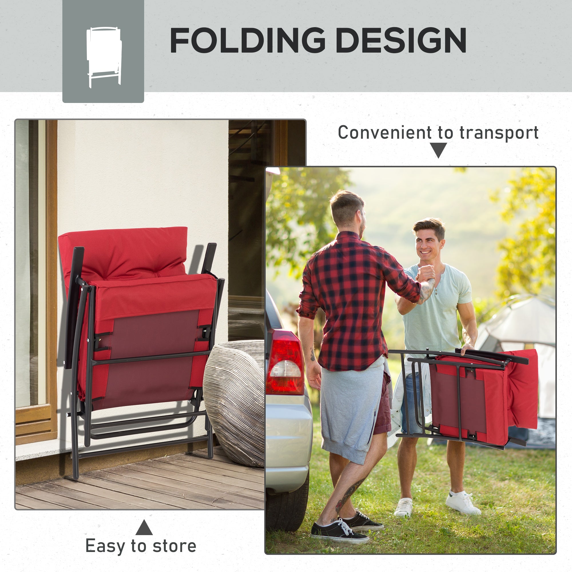Outsunny Set of 2 Outdoor Folding Chairs with Adjustable Backrest, Padded Camping Chairs for Outdoor Events, Red