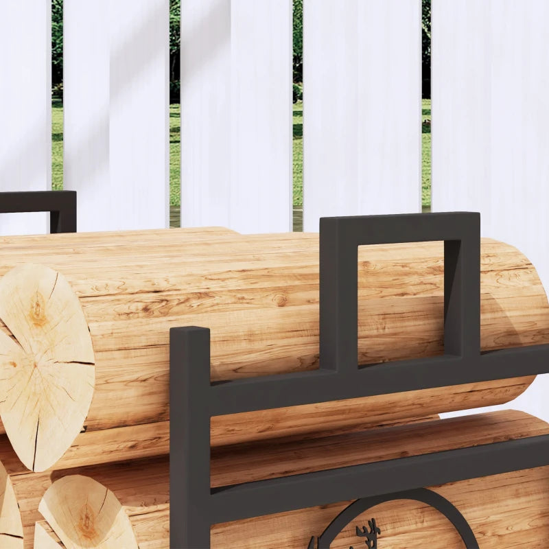 Decorative Firewood Rack Outdoor Indoor Steel Wood Storage Log Holder with Side Handles, 19.7" x 13.4" x 17.7", Black