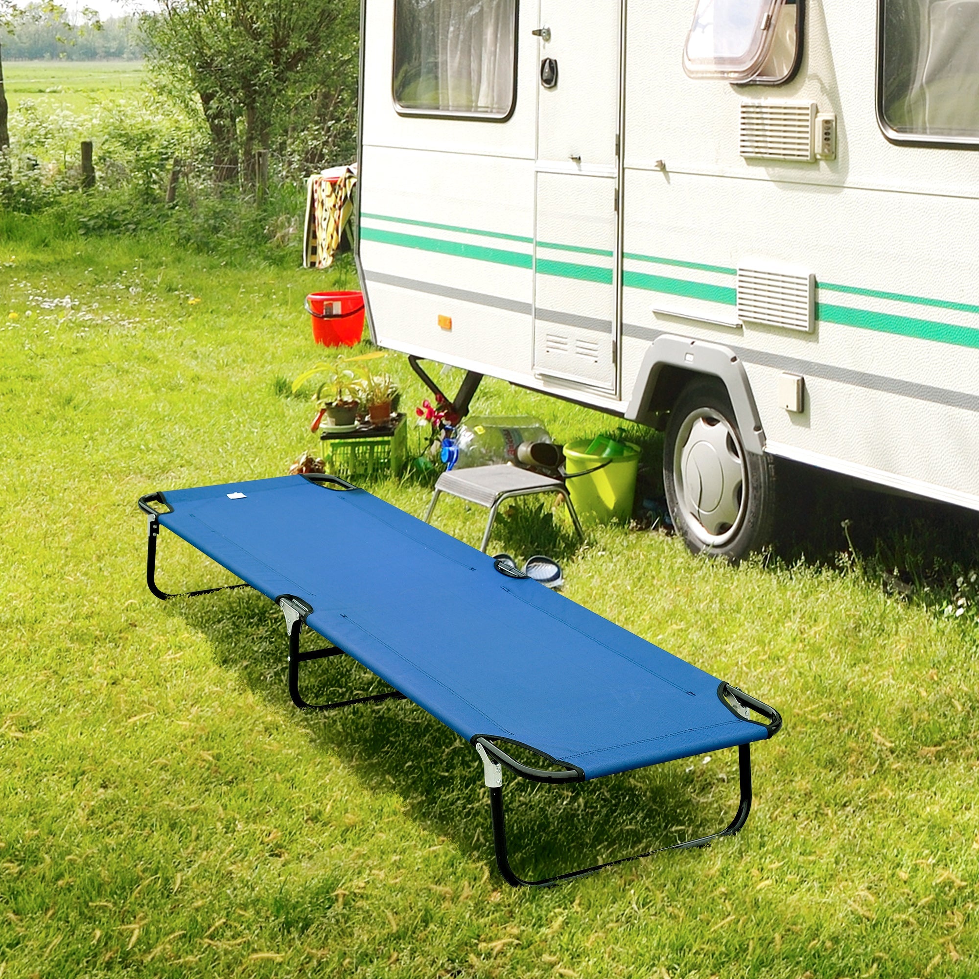 Outsunny Outdoor Portable Camping Bed Army Cot Indoor Folding Travel Cot (Blue)