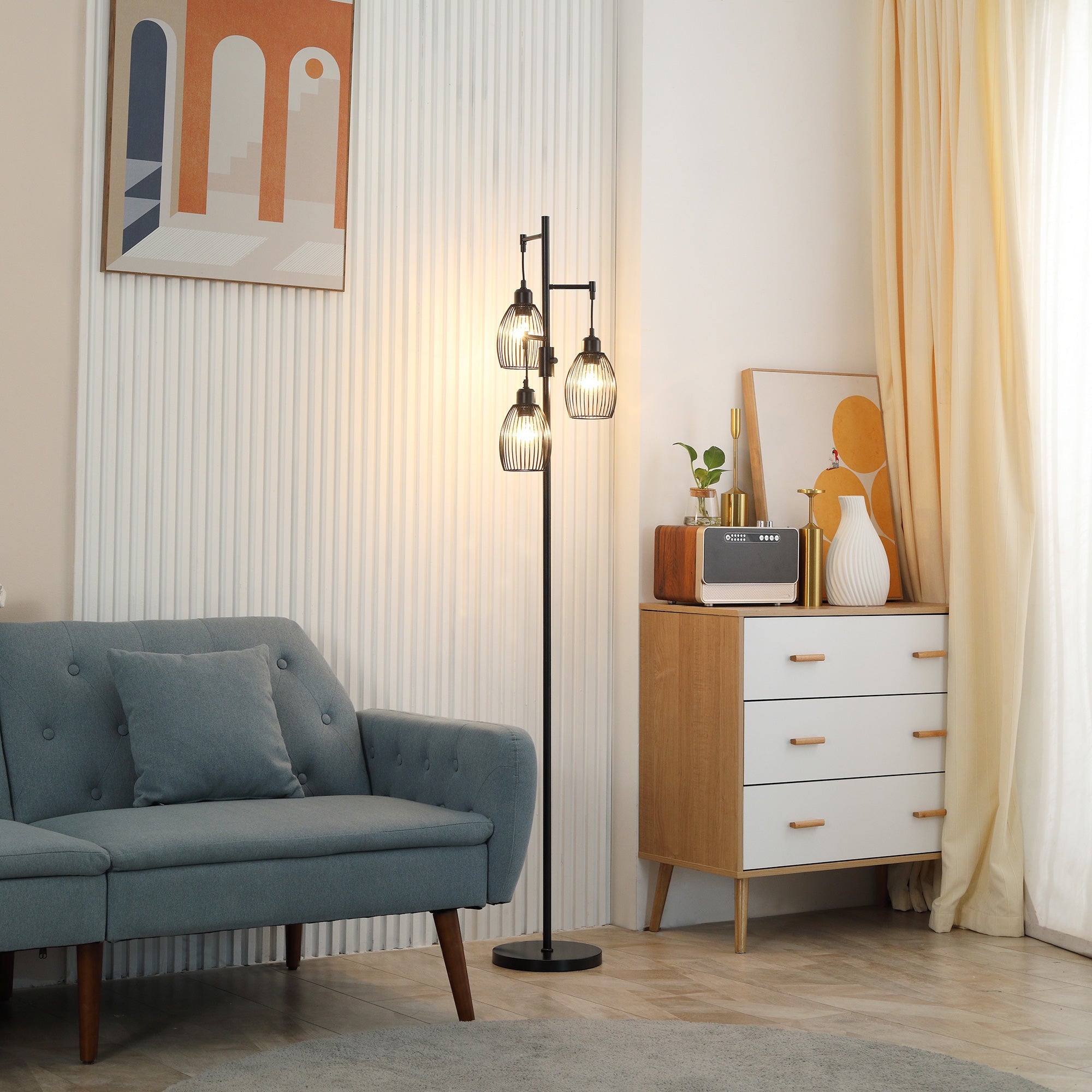 HOMCOM Industrial Floor Lamp 3 Hanging Shades Dimmable for Living Room Bedroom Black
