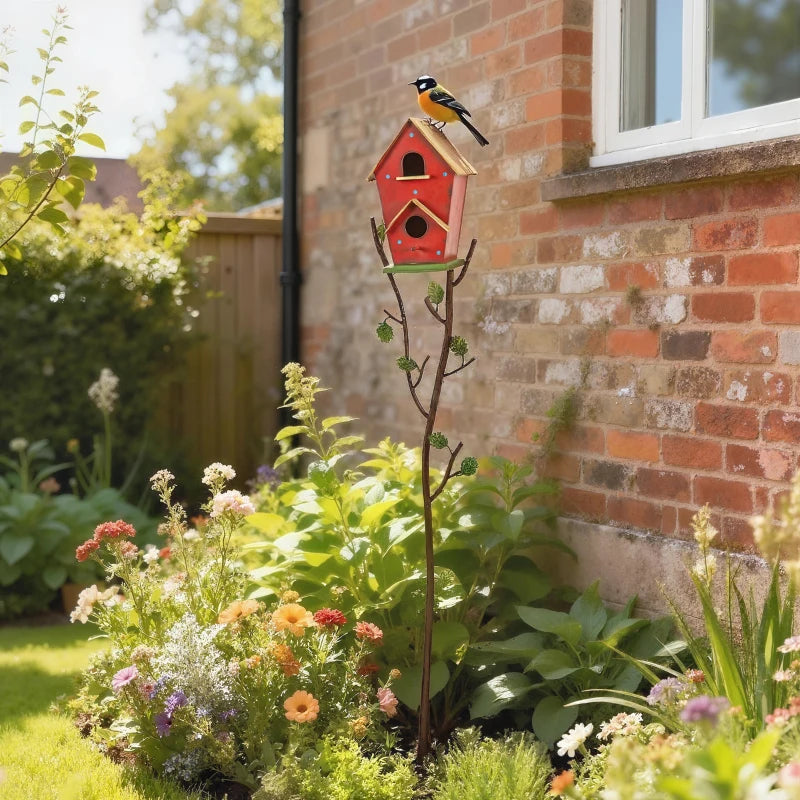57" Outdoor Bird House with Pole, Metal Bird Houses for Outside, Double-Hole Birdhouse Outdoor Decoration, Red