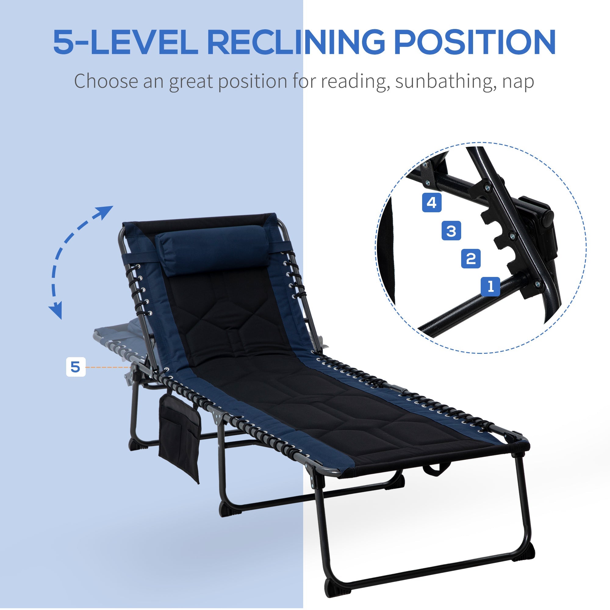Outsunny Adjustable Folding Chaise Lounge Chair 5-Level Reclining Outdoor Tanning Lounger Padded Seat Side Pocket Blue