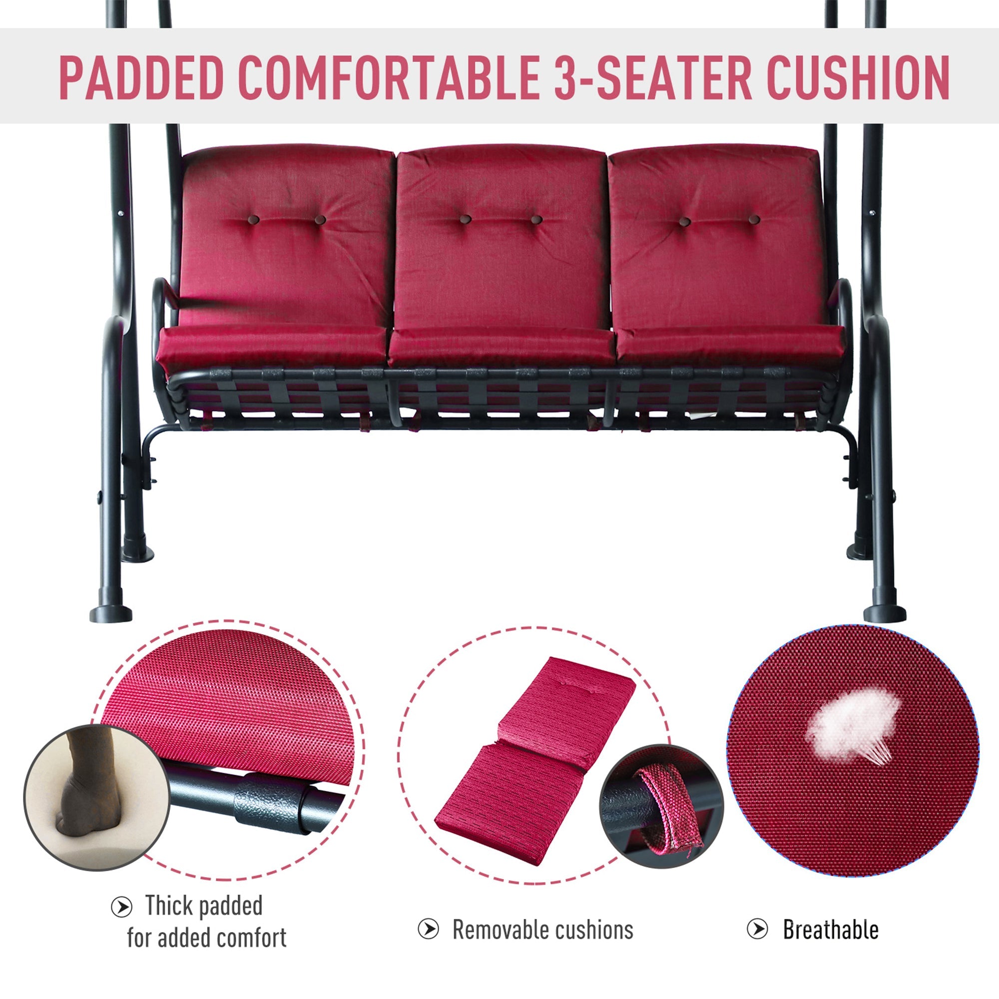 Outsunny Porch Swing Chair 3-Person Outdoor Metal Garden Swing with Canopy Stand Durable Wine Red