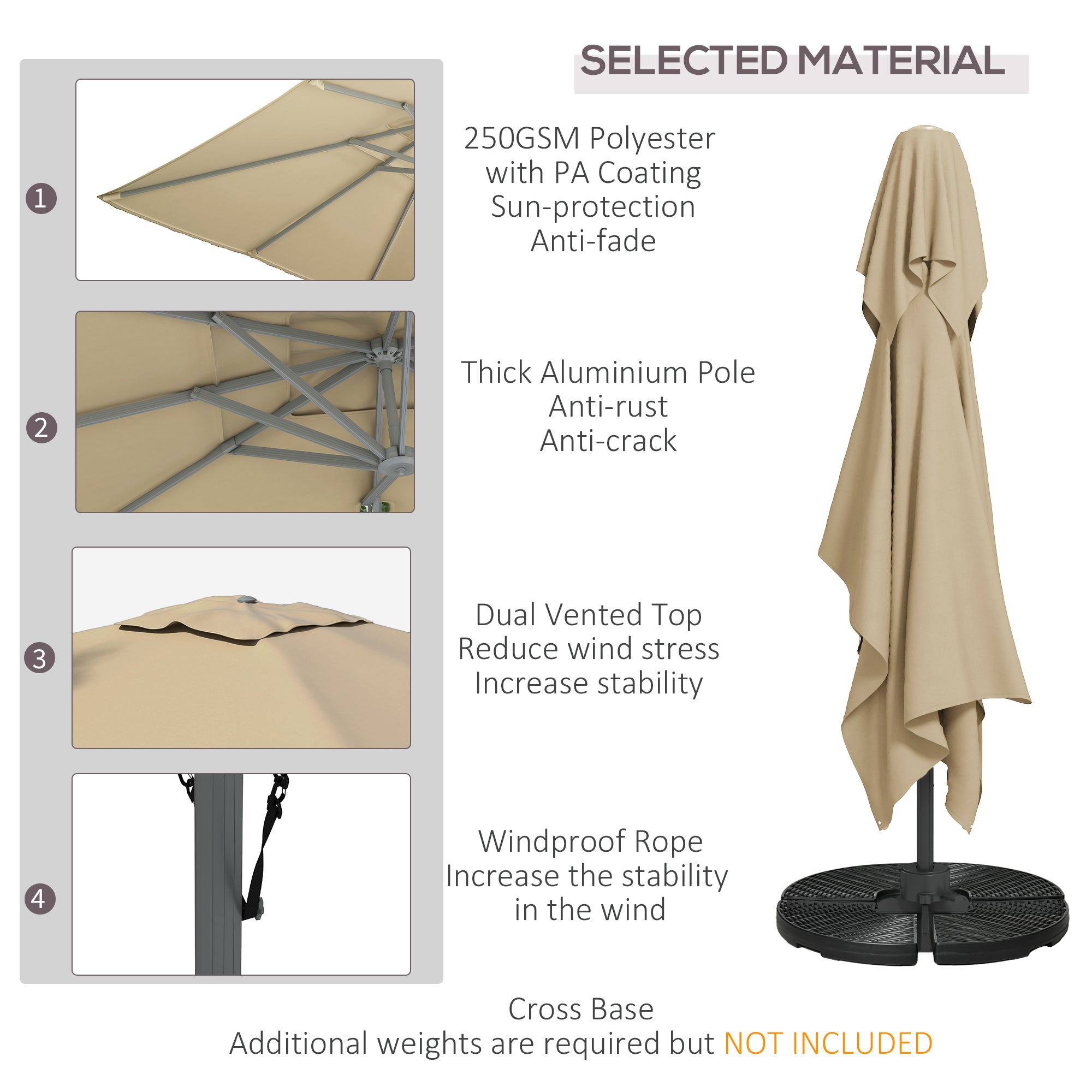 Outsunny 13 FT Cantilever Umbrella in Khaki - Aluminum, 360° Rotation, Crank, Tilt, with Cross Base