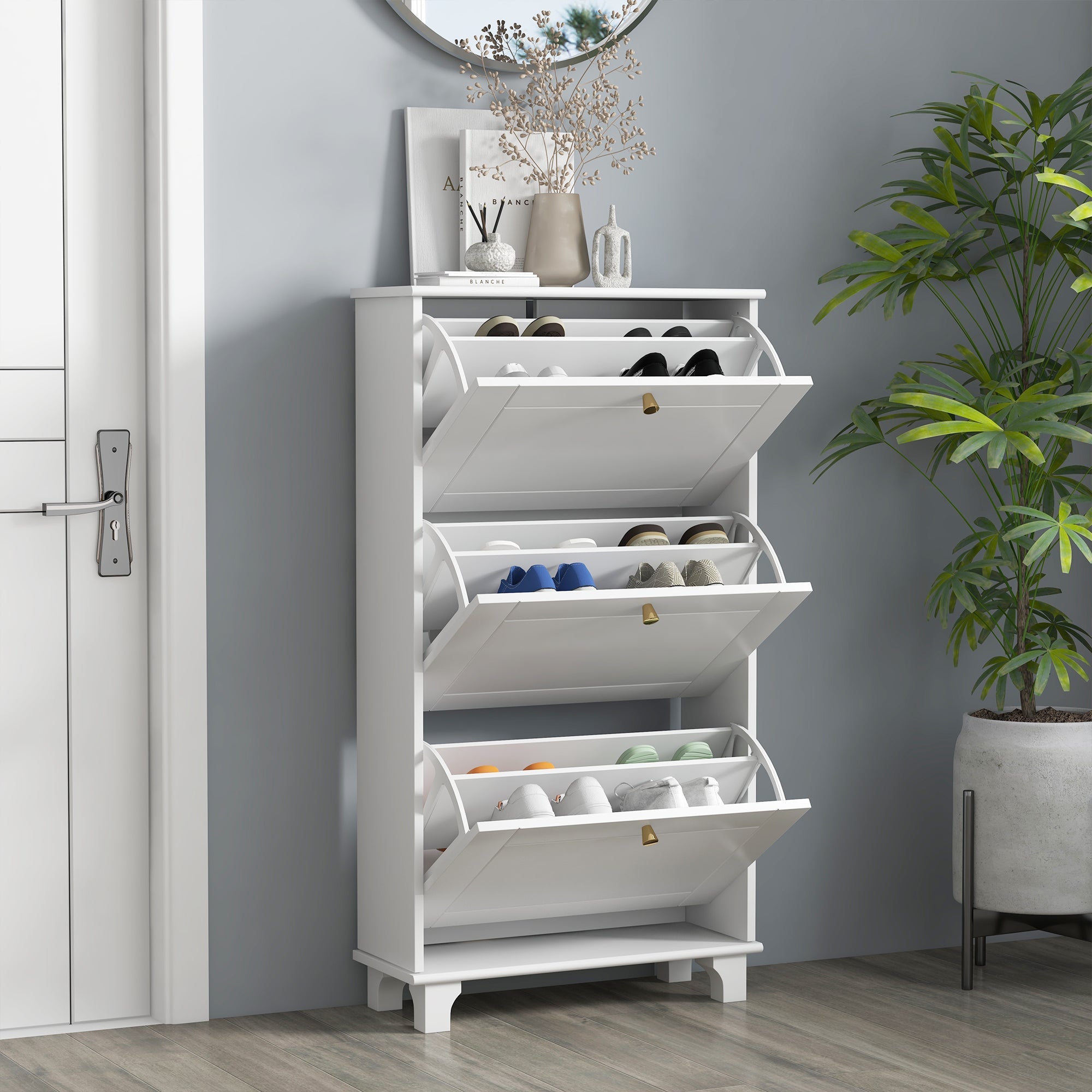 HOMCOM Narrow Shoe Cabinet: 3 Flip Drawers, Adjustable Shelves for 12 Pairs, White Small Space Organizer