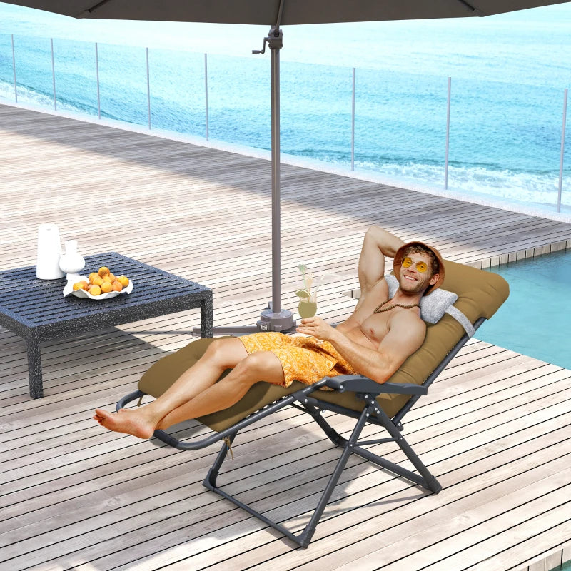 Padded Folding Recliner Chair, Patio Lounger with Cupholder, Adjustable Backrest, Removable Cushion, Light Khaki