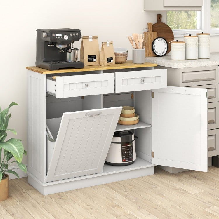 Rubber Wood Kitchen Trash Cabinet with Single Trash Can Holder and Adjustable Shelf-White