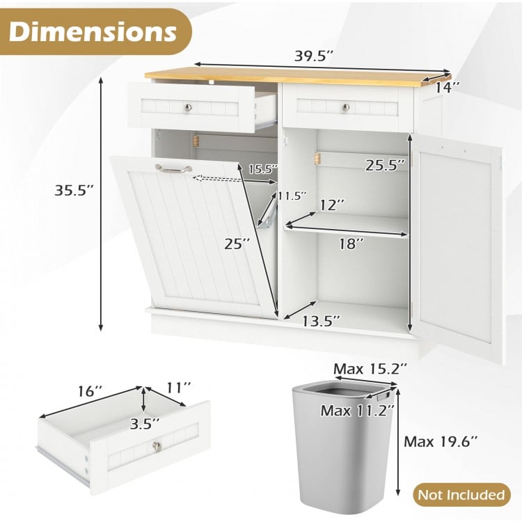 Rubber Wood Kitchen Trash Cabinet with Single Trash Can Holder and Adjustable Shelf-White