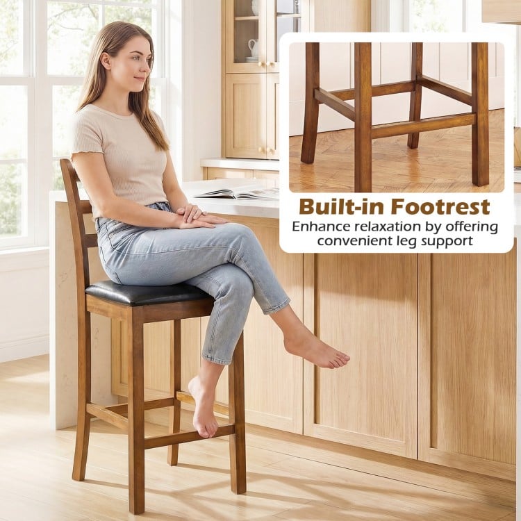 Rubber Wood Ladder Back Bar Stools Set of 2 24inch Counter Height Kitchen Island High Chairs-Walnut
