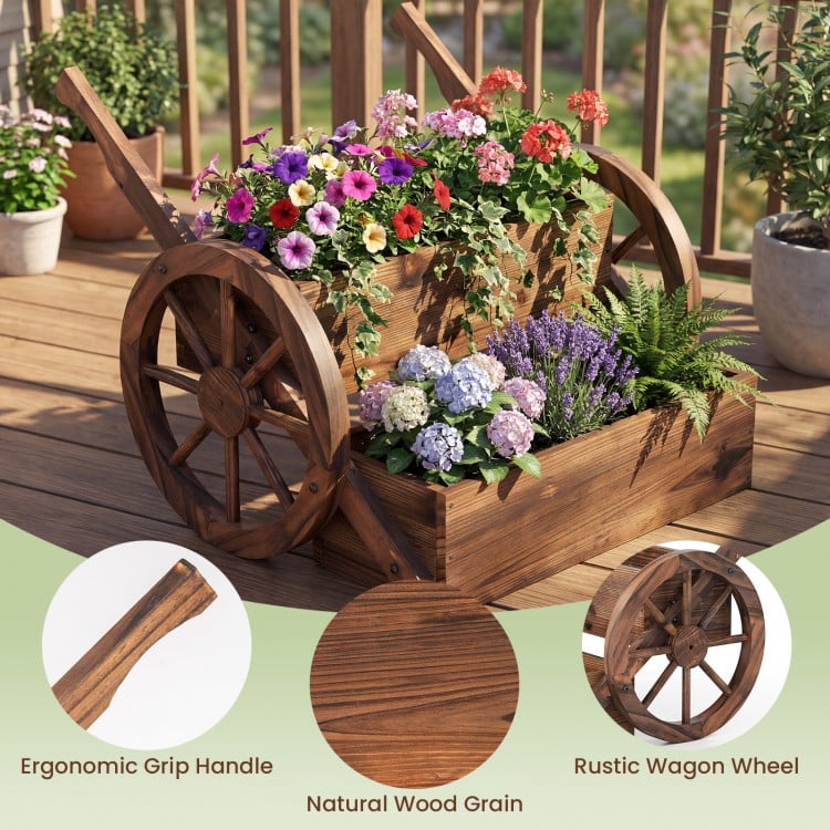 Rustic Wood Wagon Planter 2-Tier Versatile Raised Garden Bed with Wheels-Brown