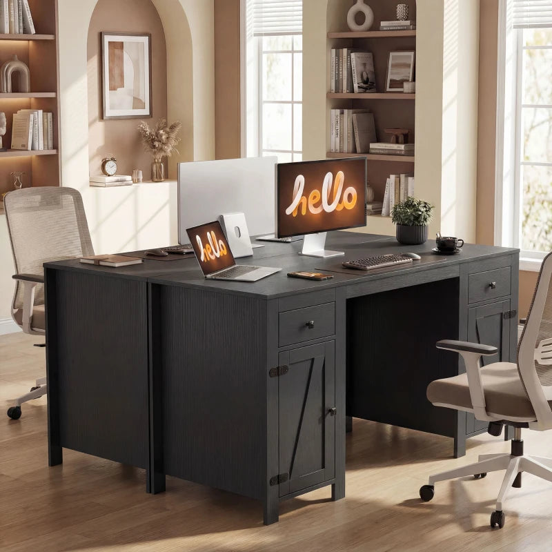 53" Farmhouse Executive Desk, Computer Desk with Drawers and 2 Cabinets, Study Table for Home Office, Black Wood Grain